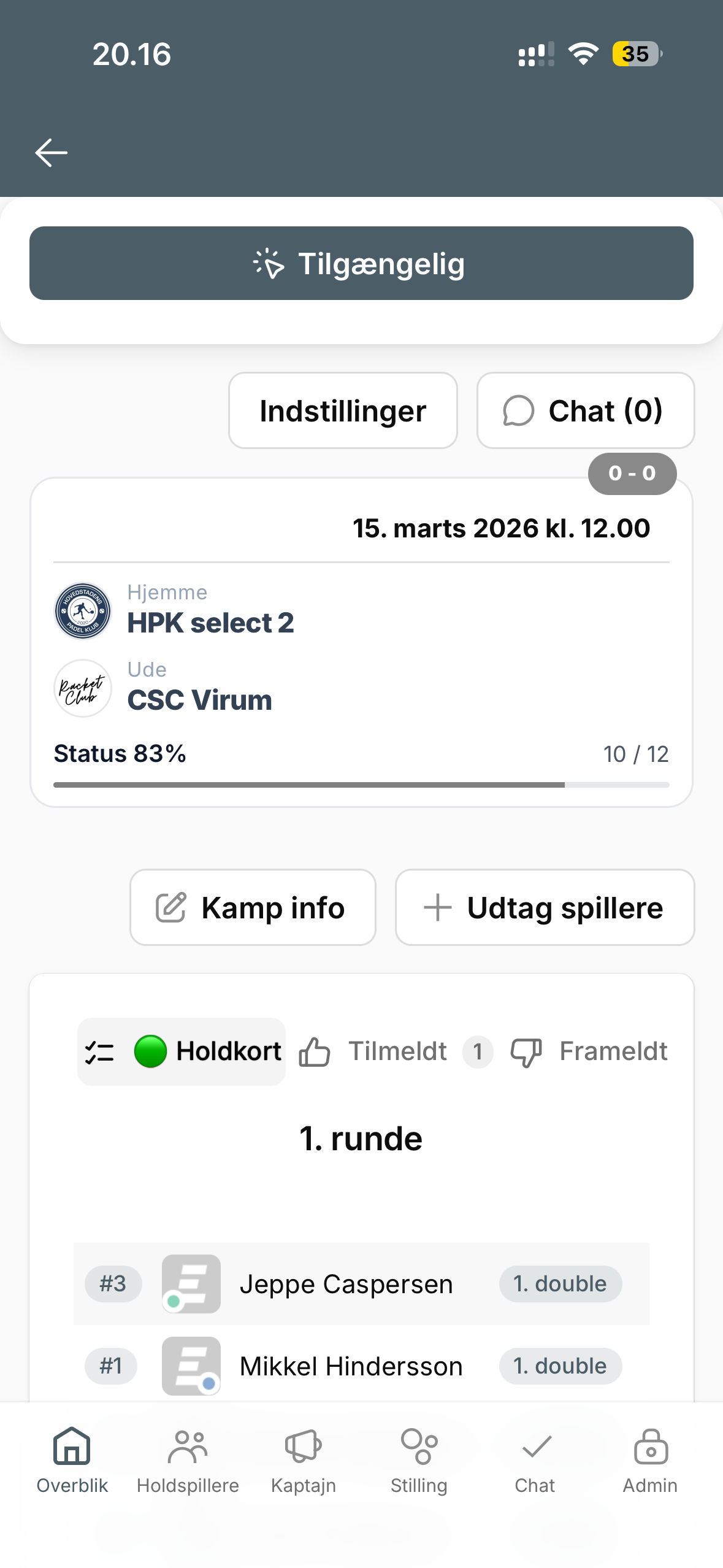 Kampdetalje med holdkort og tilmelding
